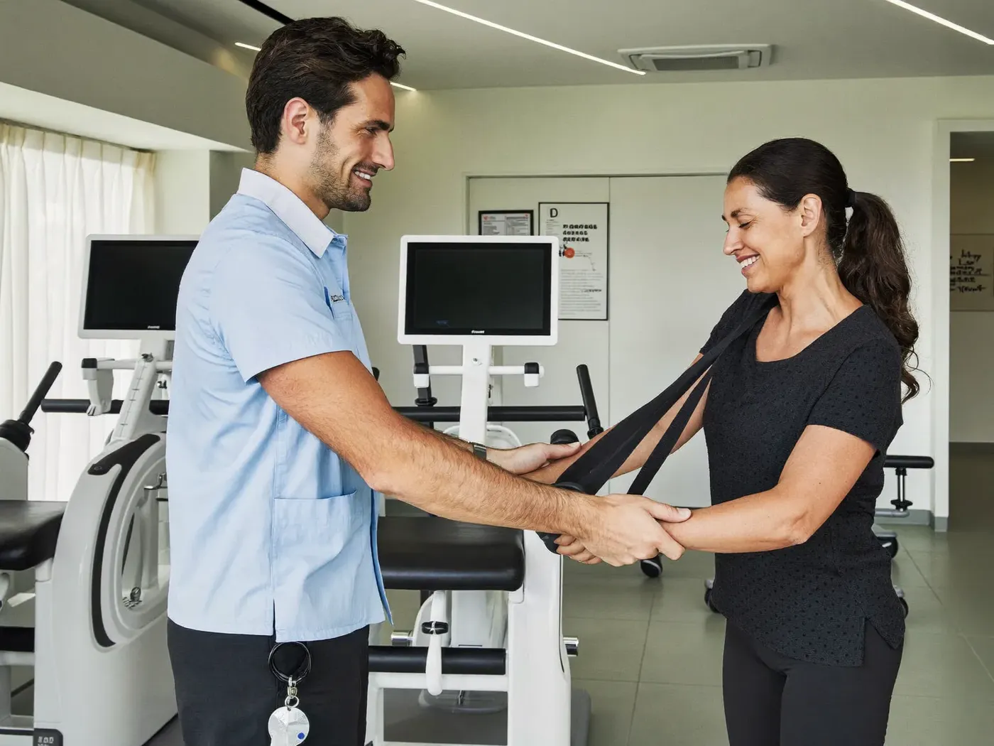 Fisioterapeuta orientando um exercício com elástico